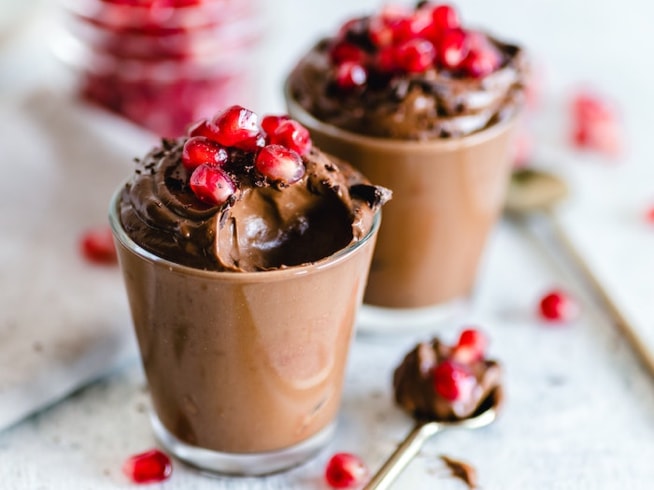 chocolate mousse with summer fruits and dark chocolate shavings